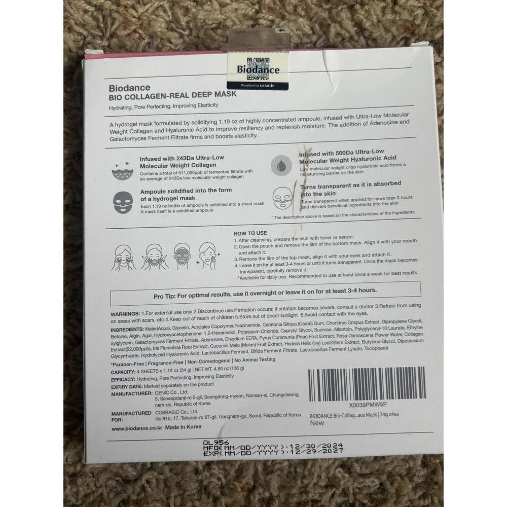 Biodance Bio Collagen Real Deep Mask 4 Sheets Hydrating Pore Perfecting